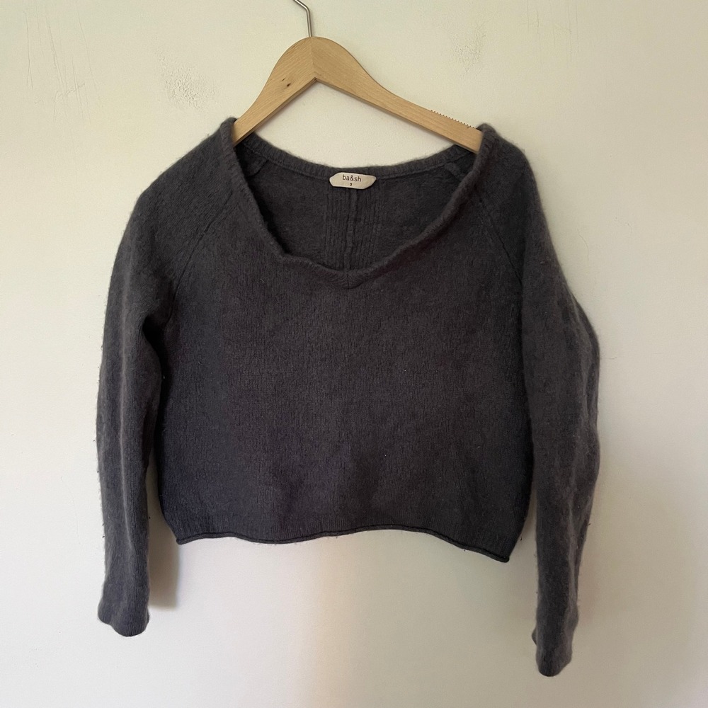 Ba&sh Joshua 100% Cashmere Cropped V-Neck Sweater Charcoal Grey Size 3 L